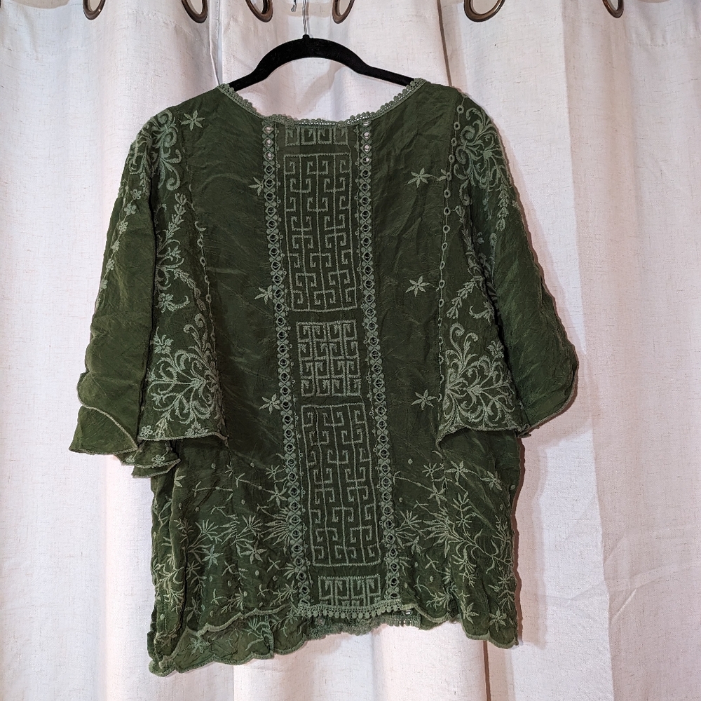 Johnny Was Olive Green Cupra Rayon Lace Flutter Sleeve Blouse XS - Picture 3 of 4